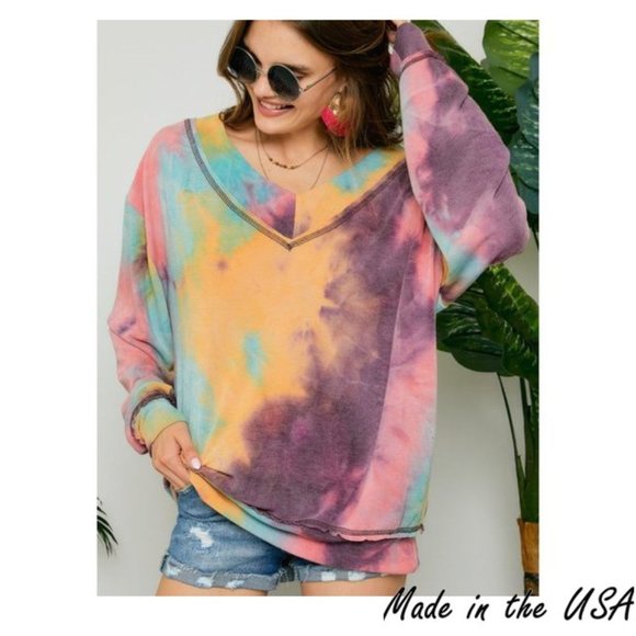 Boutique Tops - Tie Dye Oversized Big V-Neck Top